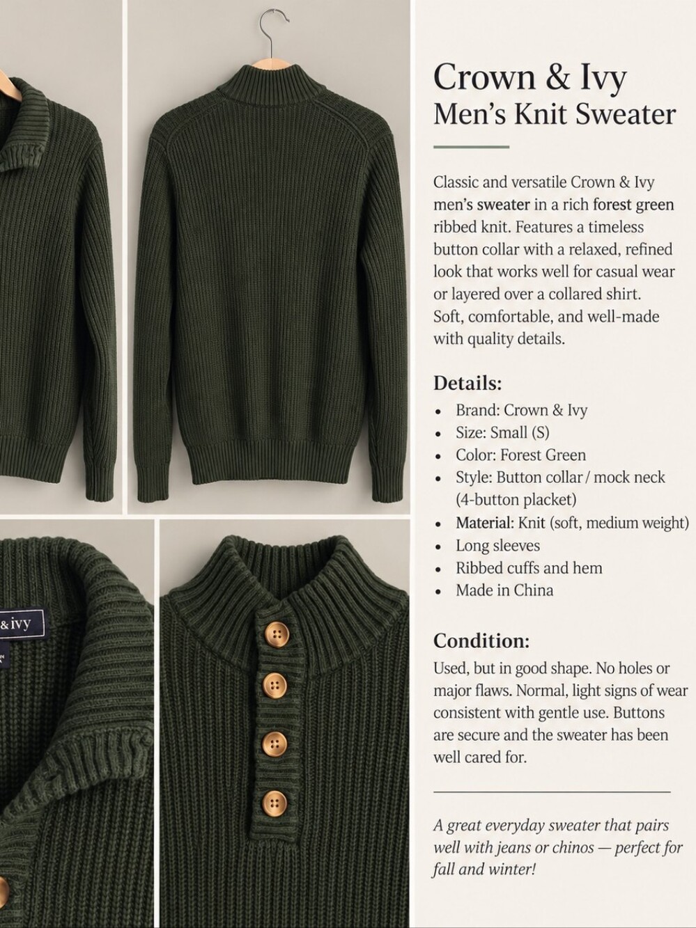 Crown & Ivy Green Ribbed Knit Button Mock Neck Sweater Size Small